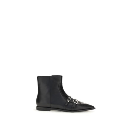 PINKO Black Calf Leather Bos Taurus Ankle Boots with buckles and studs, featuring bold design and urban-chic style.