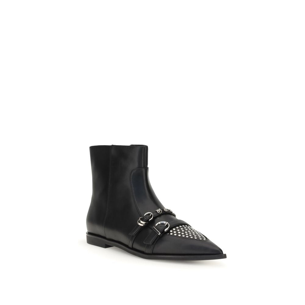 PINKO Black Calf Leather Bos Taurus Ankle Boots with studs and buckles, urban-chic style, elegant almond toe, metal detail design.