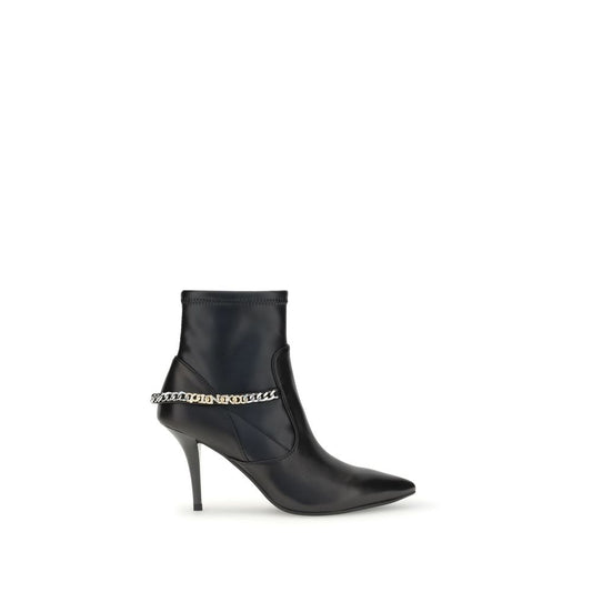 PINKO Black Calf Leather Bos Taurus Ankle Boots with chain detail and stiletto heel