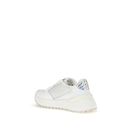 PINKO White Calf Leather Bos Taurus Chunky Sneakers with mirrored detail and metal Love Birds logo, rear view.