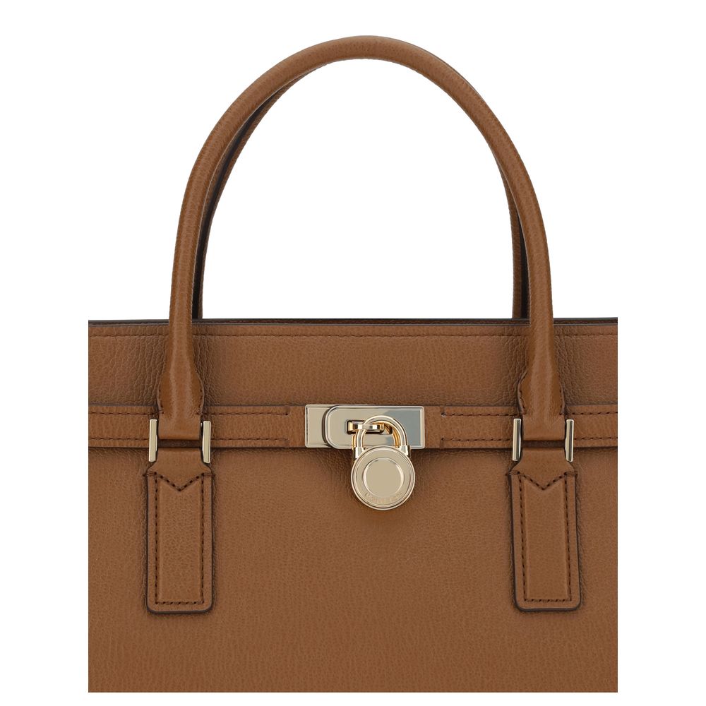 Brown leather handbag with a sleek lock detail and sturdy handles, featuring elegant craftsmanship and modern design for stylish functionality.