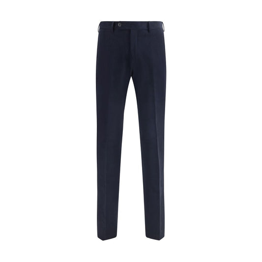 Germano Blue Cotton Chino Pants with mid-rise waist, front zipper, button closure, belt loops, and pockets, perfect for versatile occasions.