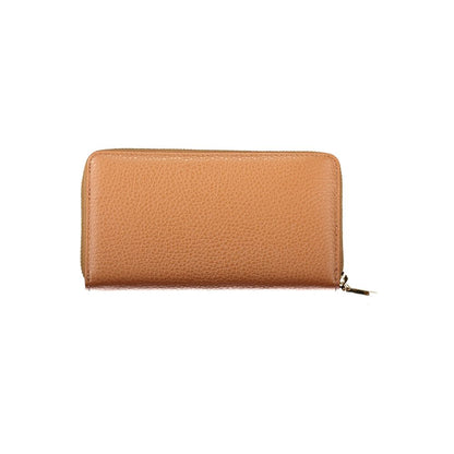 Coccinelle Brown Leather Women Wallet with metallic finish, five compartments, and coin purse, ideal for modern fashion-forward style.