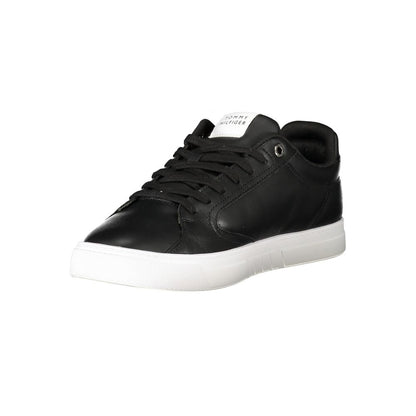 Tommy Hilfiger Black Leather Men Sneaker, stylish and chic, featuring white sole and iconic logo, embodies comfort and sophistication.
