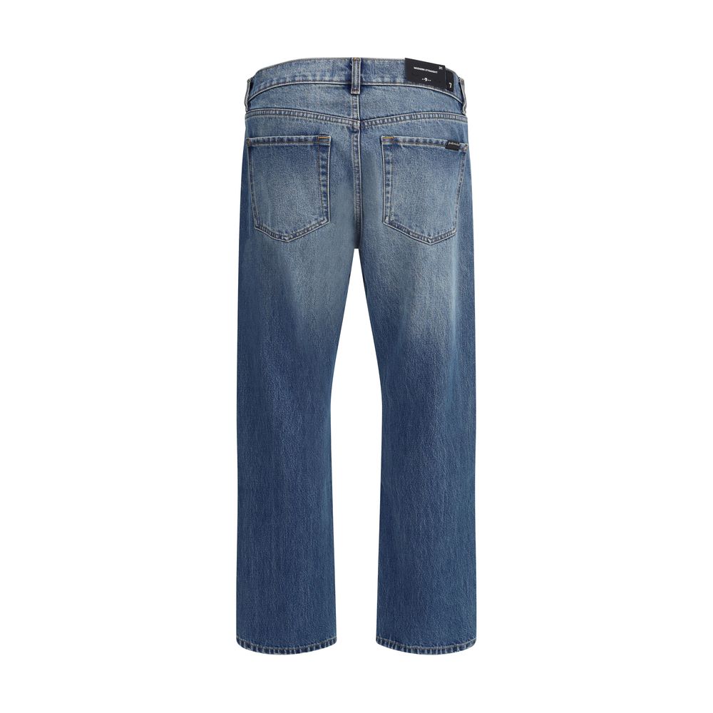 Back view of 7FOR Blue Cotton Straight-Leg Jeans with belt loops, straight-leg design, and relaxed fit made from 100% cotton.