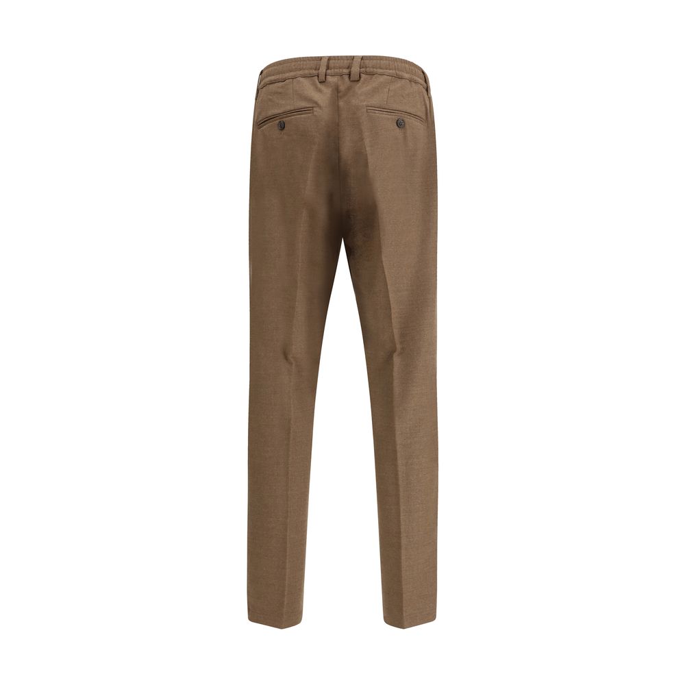 Back view of Cruna Brown Fleece Wool Casual Pants with elasticized waist and pockets, perfect for a polished casual look.