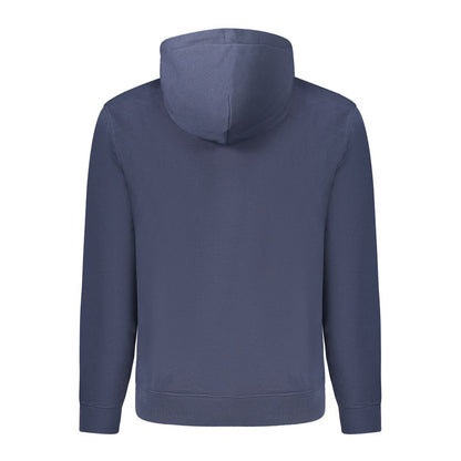 Back view of Tommy Hilfiger Blue Cotton Men Sweater, featuring hood and long sleeves in bold blue.