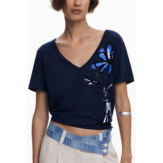 Desigual Blue Cotton Women T-Shirt with V-neck and floral print, featuring stylish design and iconic logo, ideal for fashion-forward wardrobes.