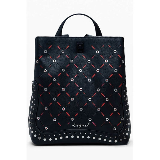 Desigual Black Polyethylene Women Backpack with studded finish, featuring adjustable straps and multiple compartments for practicality.