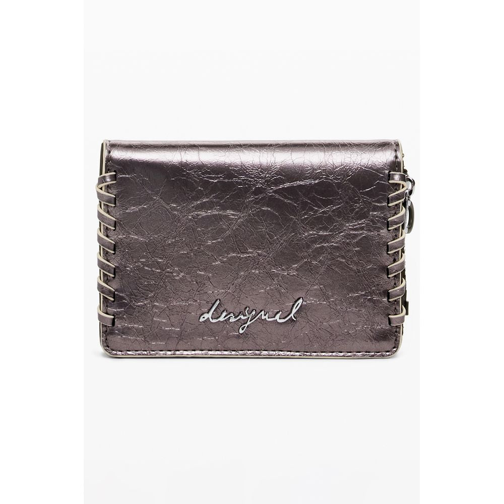 Desigual Bronze Polyethylene Women Wallet with signature embroidery and zip closure, front view.