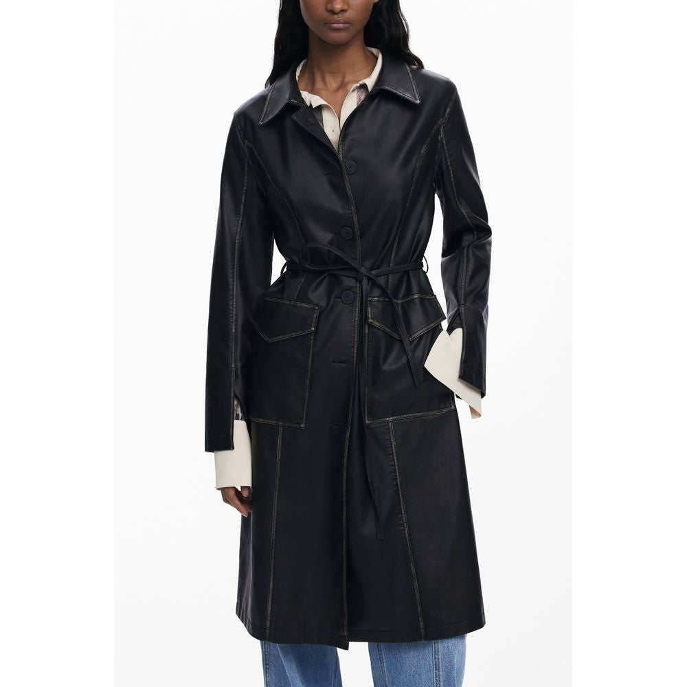 Desigual Black Polyethylene Women Coat with waist-cinching belt and contrasting accents.