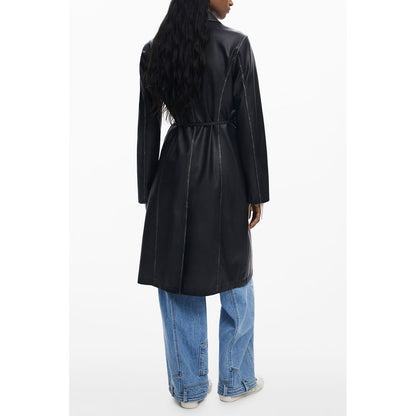 Back view of Desigual Black Polyethylene Women Coat highlighting waist-cinching belt and contrasting accents for elegant style.
