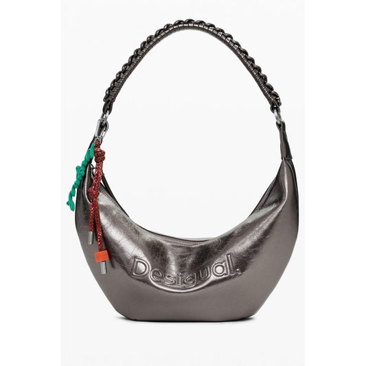 Desigual Bronze Polyethylene Women Handbag with bold relief print, zip closure, and removable shoulder handle, showcasing vibrant style.