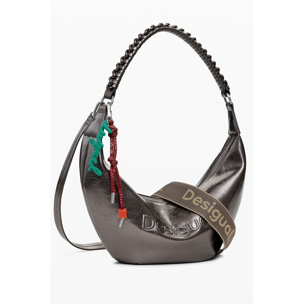 Desigual Bronze Polyethylene Women Handbag featuring bold relief print and removable shoulder handle.
