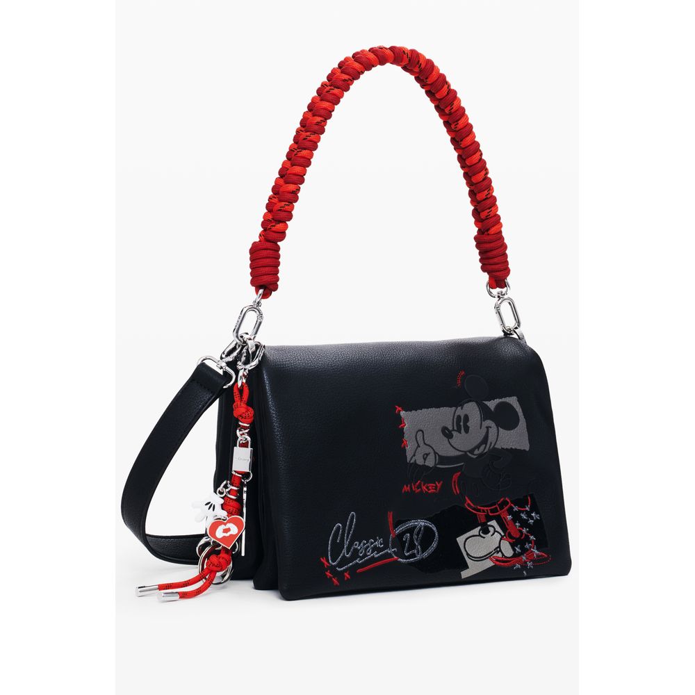 Desigual Black Polyethylene Women Handbag with Mickey print, adjustable strap, and red braided handle for a stylish and functional accessory.