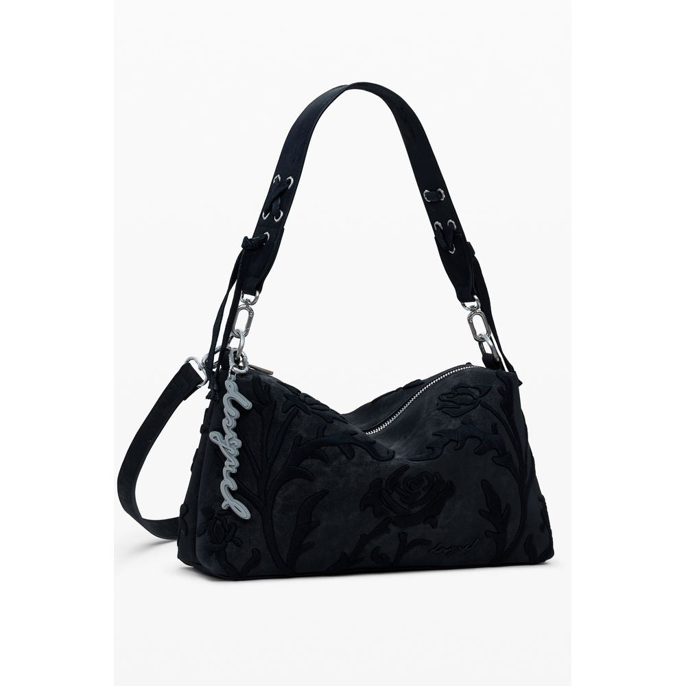 Desigual Black Polyethylene Women Handbag with floral embroidery and chic removable handle, perfect for stylish and functional use.