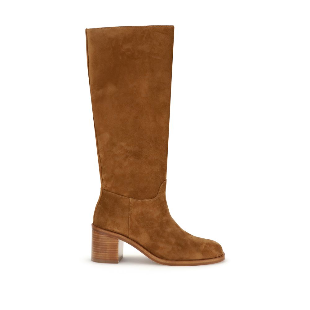 Stuart Weitzman Brown Calf Leather Bos Taurus Boots showcasing knee-high suede, block heel design suitable for elegant autumn winter wear.