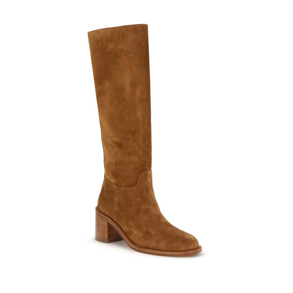Stuart Weitzman Brown Calf Leather Bos Taurus Boots, knee-high suede with round toe, block heel, elegant and practical design.