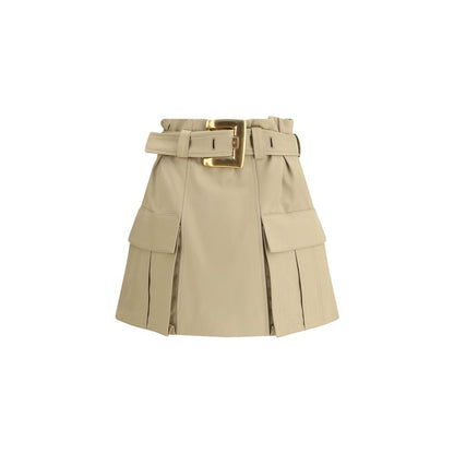 Balmain Beige Cotton Mini Skirt with gold metal buckle and cargo pockets; 100% cotton; AW25 collection; elegant utility style.