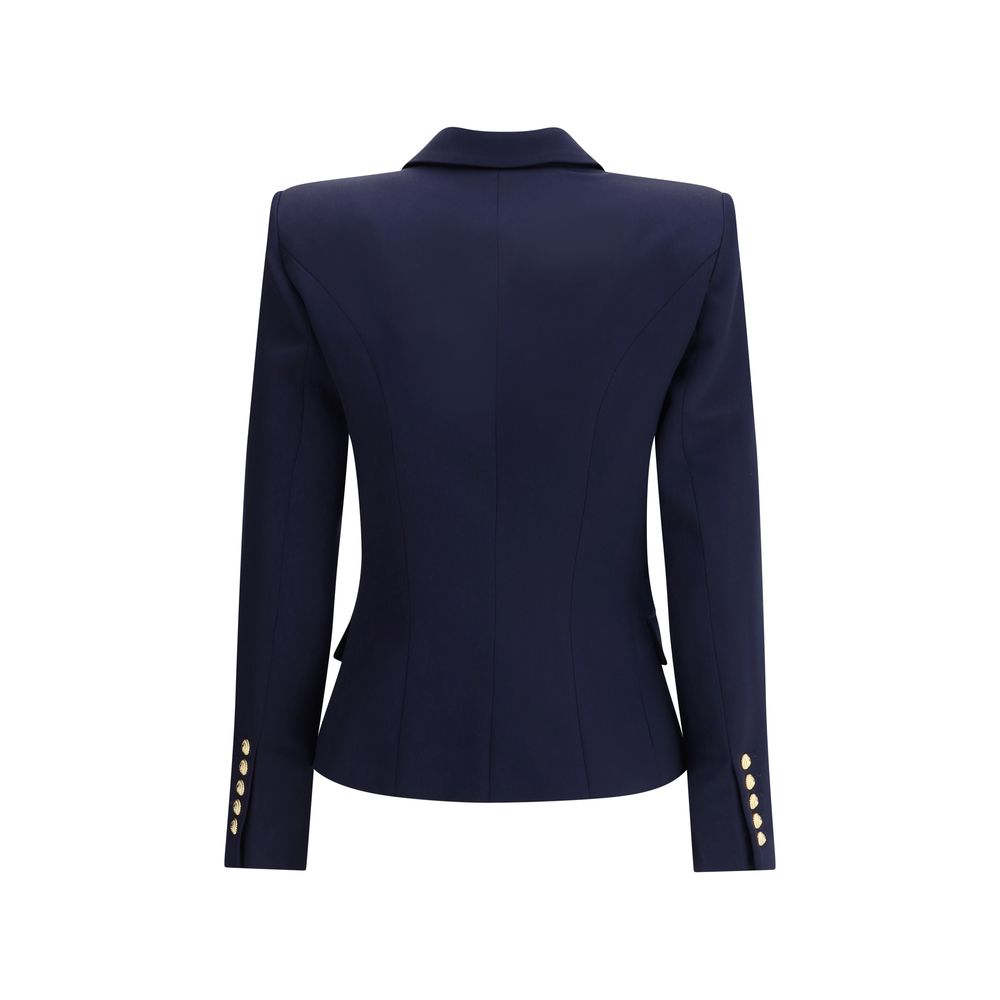 Rear view of Balmain Blue Fleece Wool Blazer featuring gold embossed buttons and structured shoulders.