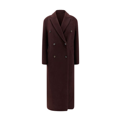 Brunello Cucinelli Bordeaux Cashmere Coat with elegant peaked lapel, double-breasted design, and side welt pockets. Luxurious AW25 fashion.