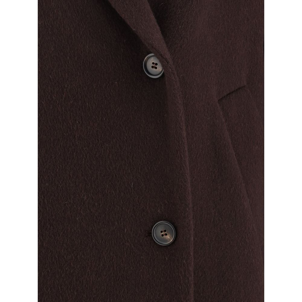 Brunello Cucinelli Bordeaux Cashmere Coat with elegant peaked lapel and double-breasted button detail, shown in luxurious fabric.