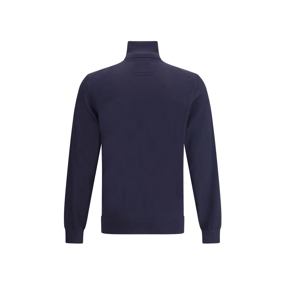 ZEGNA Blue Cashmere Turtleneck, back view showing ribbed cuffs and high collar, elegant and comfortable for AW25 season.