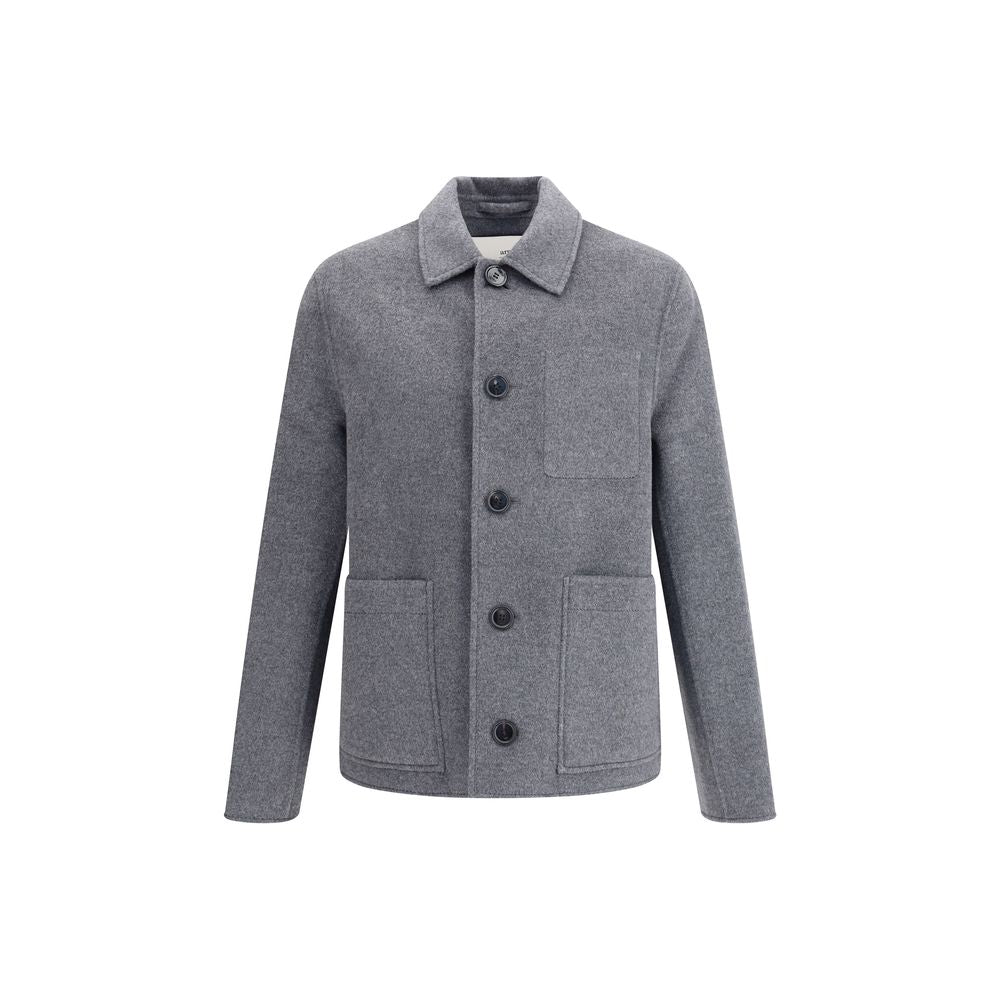 Ami Paris Gray Wool Coat with classic design, front button closure, and patch pockets, composed of 90% wool, 10% Kashmir, perfect for AW25.