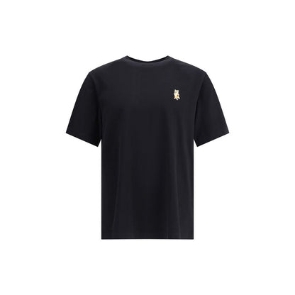 Maison Kitsuné Black Cotton T-Shirt with Standing Fox embroidered patch, short sleeves, ribbed crew neck, stylish and comfortable fit.