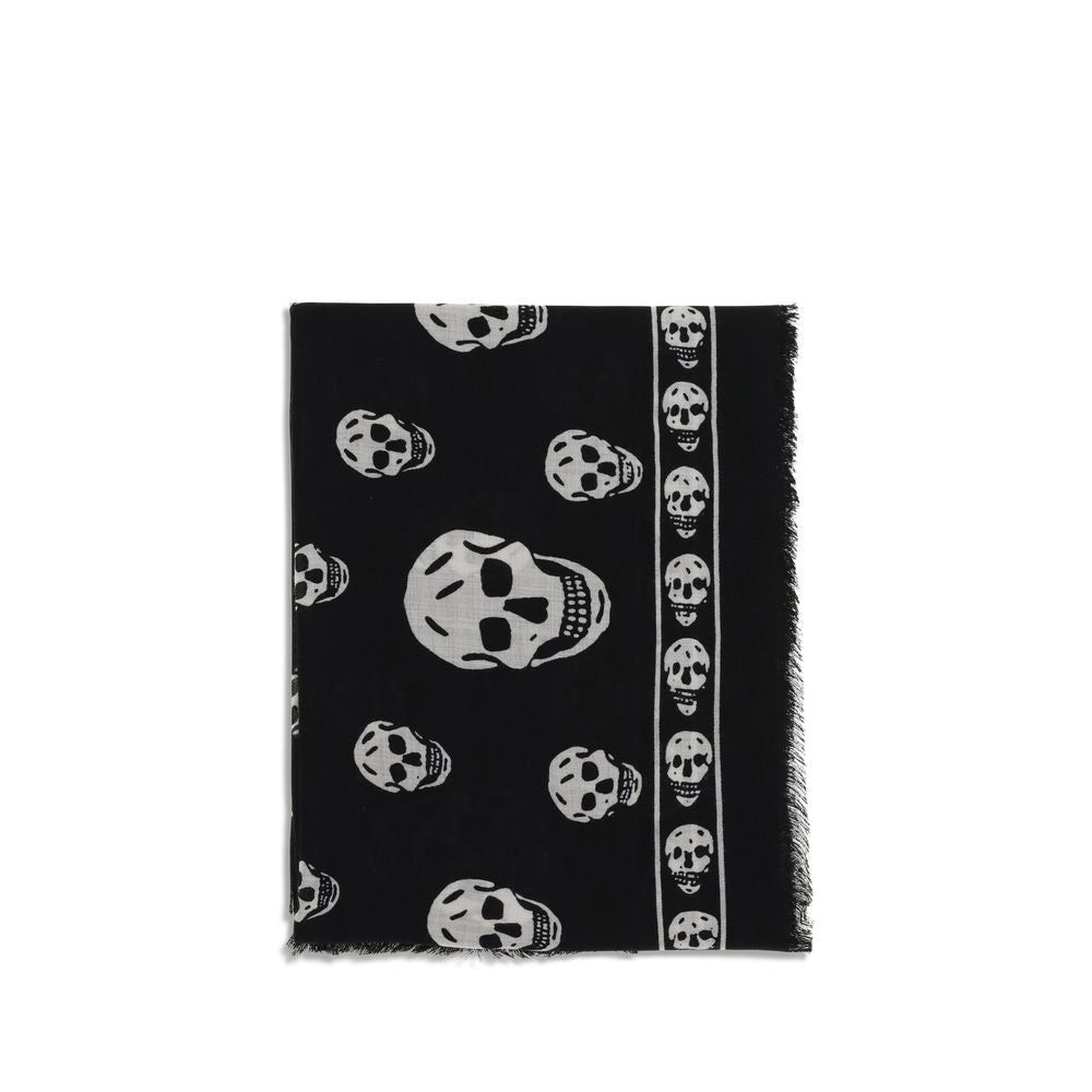 Alexander McQueen Black Modal Scarf with skull motif and fringed edges, crafted from silk and modal blend, showcased flat on white background.