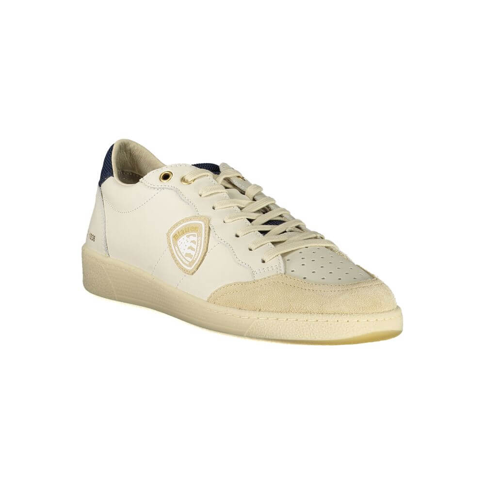Alt Tag: Blauer White Polyester Sneaker with blue details, removable insole, and logo application.