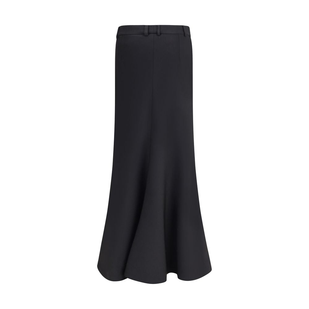 Balenciaga Black Fleece Wool Long Skirt featuring mid-rise waist, front buttons, and inner pants for versatile style.