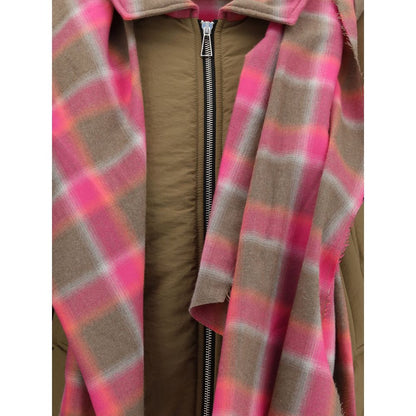 Close-up of the MARBELL Brown Cotton Shell Jacket featuring a front zip closure and integrated plaid maxi scarf. AW25 collection.
