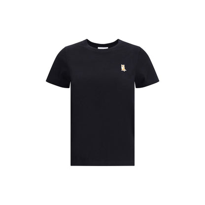 Maison Kitsuné Black Cotton T-Shirt with embroidered fox patch on front, ribbed crew neck for casual look, AW25 season, 100% cotton.