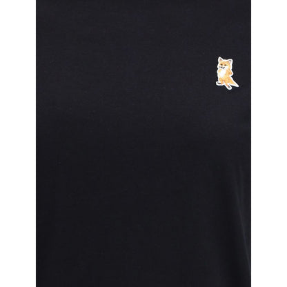 Alt Tag: Maison Kitsuné Black Cotton T-Shirt with embroidered fox patch on chest, featuring ribbed crew neck for a casual polished look.