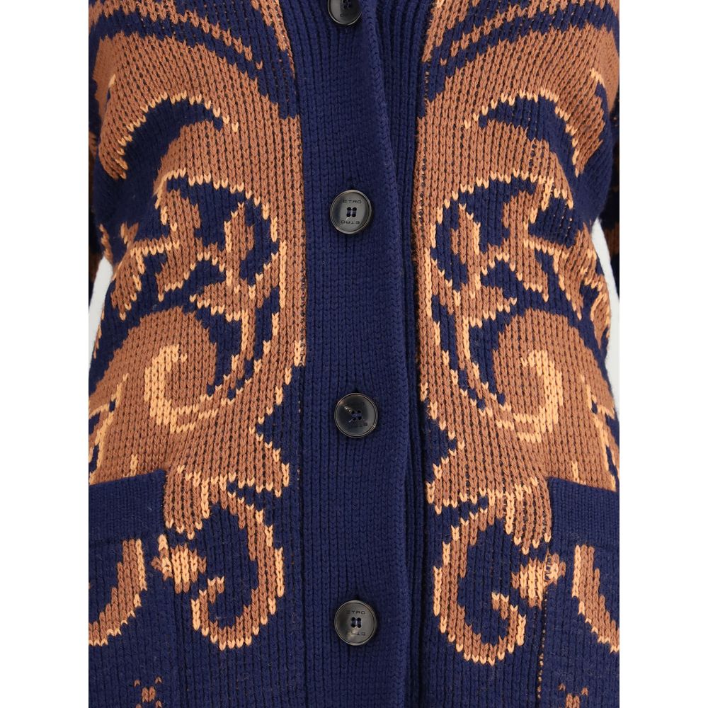 Close-up of Etro Multicolor Wool Cardigan with floral-inspired pattern, V-neck, button closure, showcasing jacquard craftsmanship.