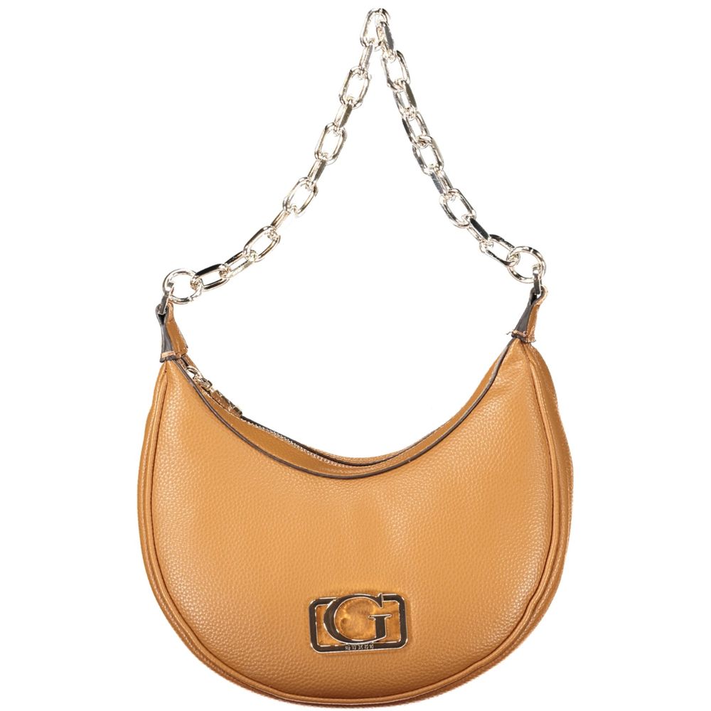Guess Jeans Brown Polyethylene Handbag with chain shoulder handle and logo accent.