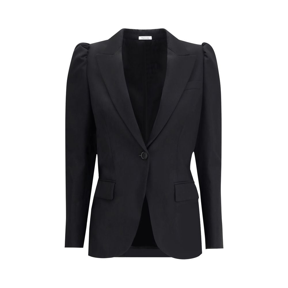 Alexander McQueen Black Wool Coat with single-breasted design, traditional lapels, and single-button closure for refined style.