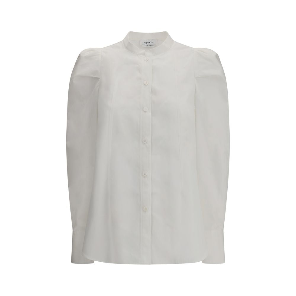 Alexander McQueen White Cotton Dress Shirt with mandarin collar and ruffled shoulders, composed of 100% Cotton, offering an elegant design. AW25.
