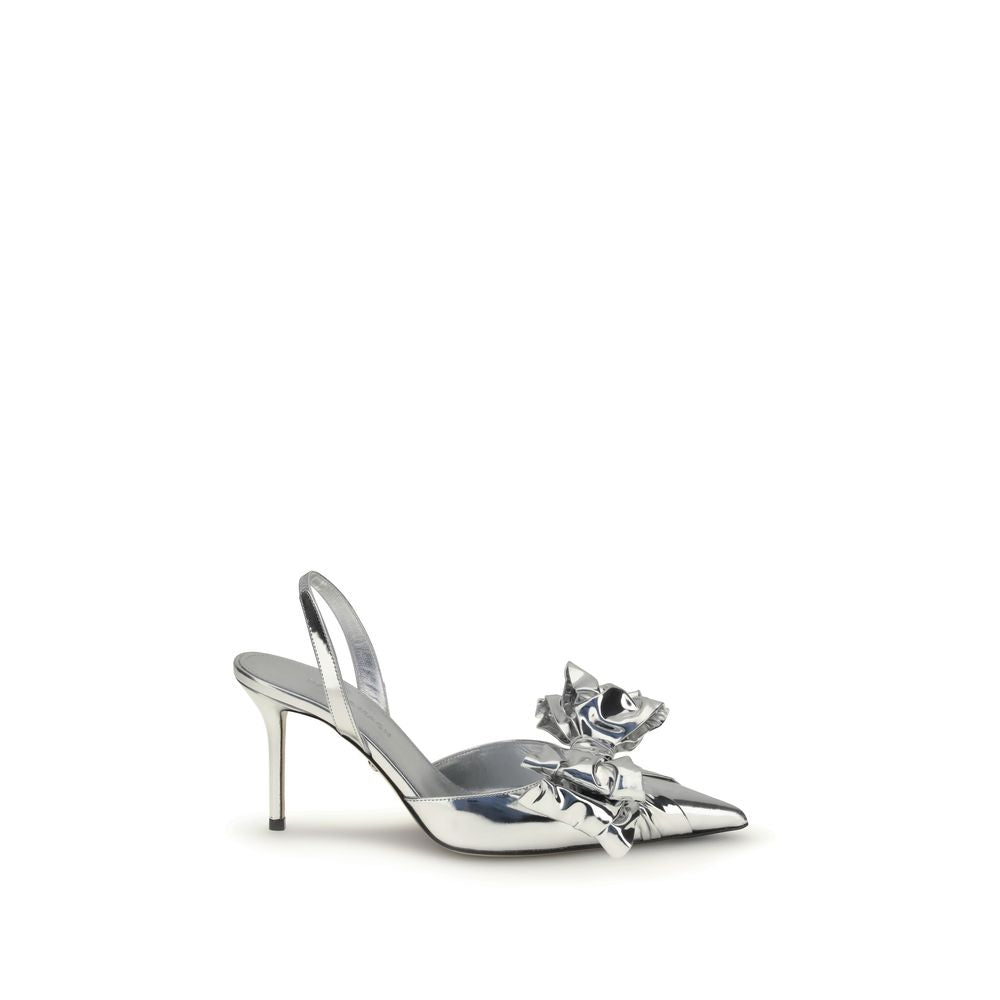 MACH & MACH Silver Leather High Heel Pumps with a bow and ankle strap, perfect for glamorous looks.