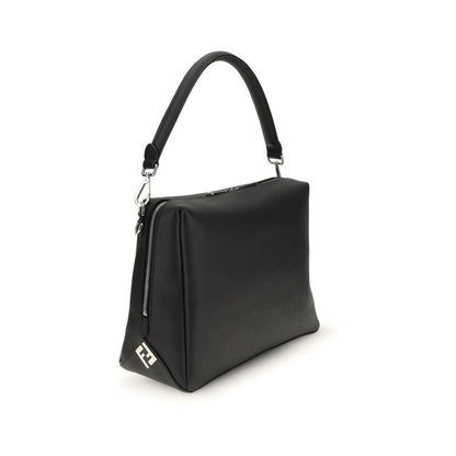 Alt Tag: Fendi Black Calf Leather Bos Taurus Shoulder Bag with FF metal accents and palladium-finish hardware, side view.