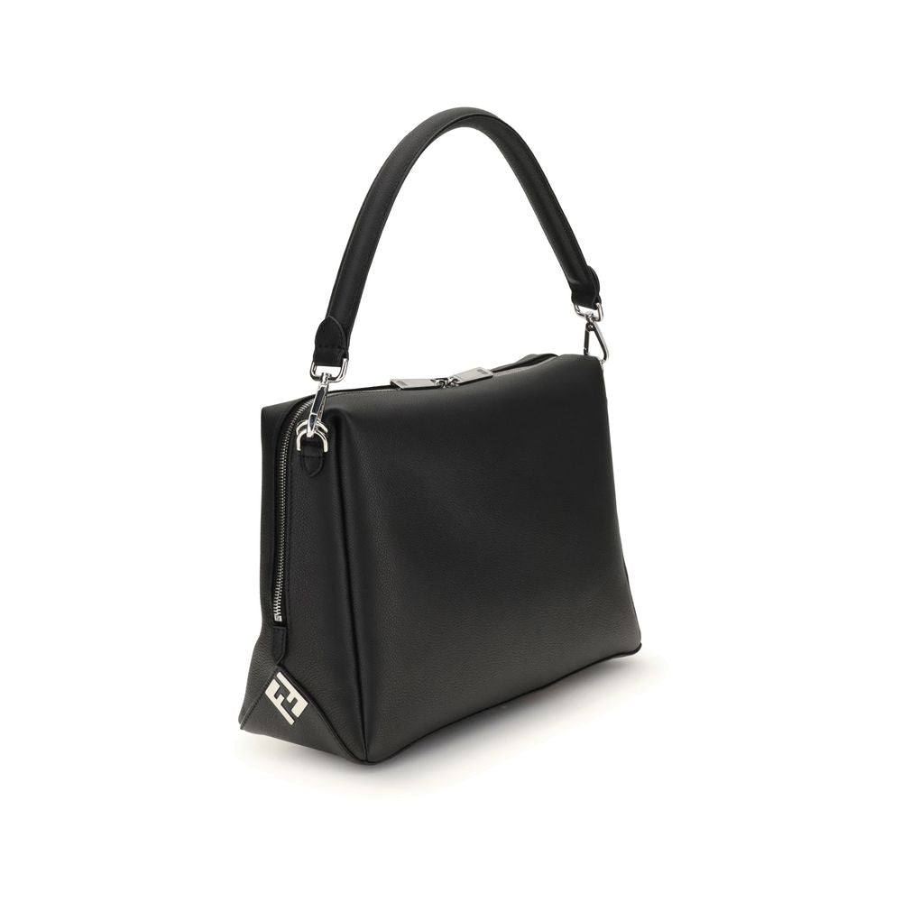 Fendi Black Calf Leather Bos Taurus Shoulder Bag with FF metal accents and palladium-finish hardware. Elegant and versatile design.