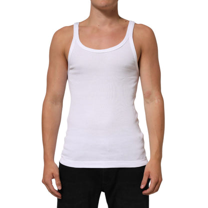 Dolce & Gabbana White Sleeveless Round Neck Tank Top T-shirt on male model, classic design, 100% cotton, regular fit, perfect for casual style.