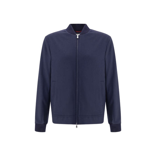 Brunello Cucinelli Blue Cashmere Bomber with double-slider zipper and ribbed cuffs, ideal for a modern, sophisticated AW25 style.