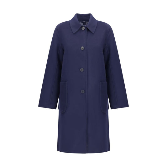 Tory Burch Blue Wool Coat with front button closure and patch pockets, reversible with T Monogram pattern, 98% wool, AW25 collection.