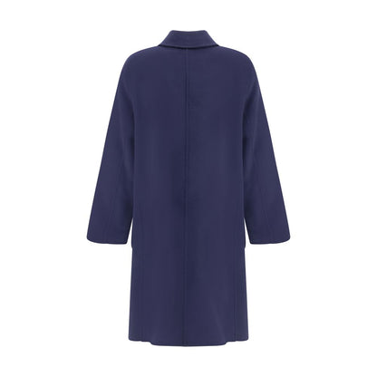Back view of Tory Burch Blue Wool Coat, featuring reversible design with T Monogram pattern and relaxed fit for AW25 season.