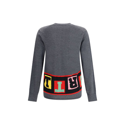 Comme Des Garçons Gray Marabou Sweatshirt with colorful lettering, crewneck design, long sleeves, and straight hem, AW25 collection.