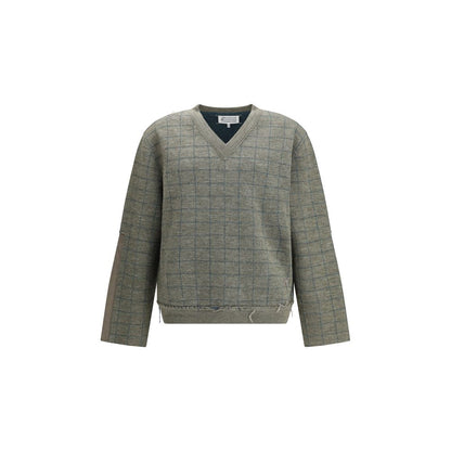Margiela Green Fleece Wool Sweatshirt with grid pattern and V-neckline, crafted from soft wool, ideal for winter fashion, AW25 collection.