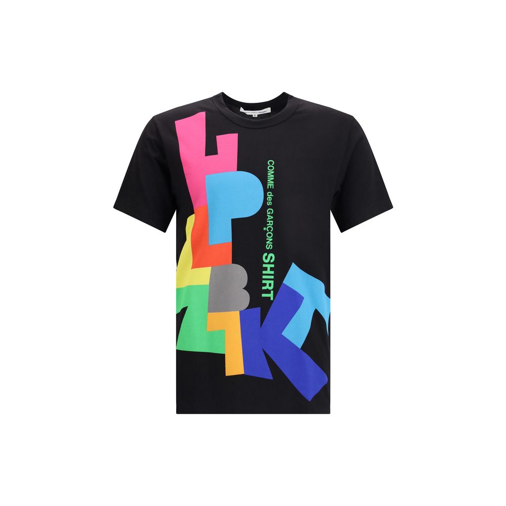 Comme Des Garçons Black Cotton T-Shirt with colorful graphic letters, minimalist style, soft cotton, round neckline, short sleeves