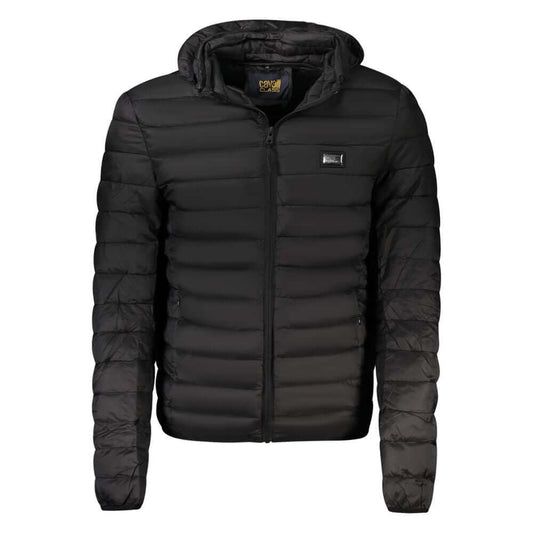Cavalli Class Black Polyester Men Jacket with removable hood and zip, featuring 2 external pockets and an applique logo for a modern look.